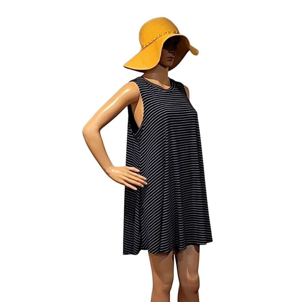 See You Monday Navy Blue & White Striped Sleeveless Trapeze Swing Dress - Picture 10 of 11
